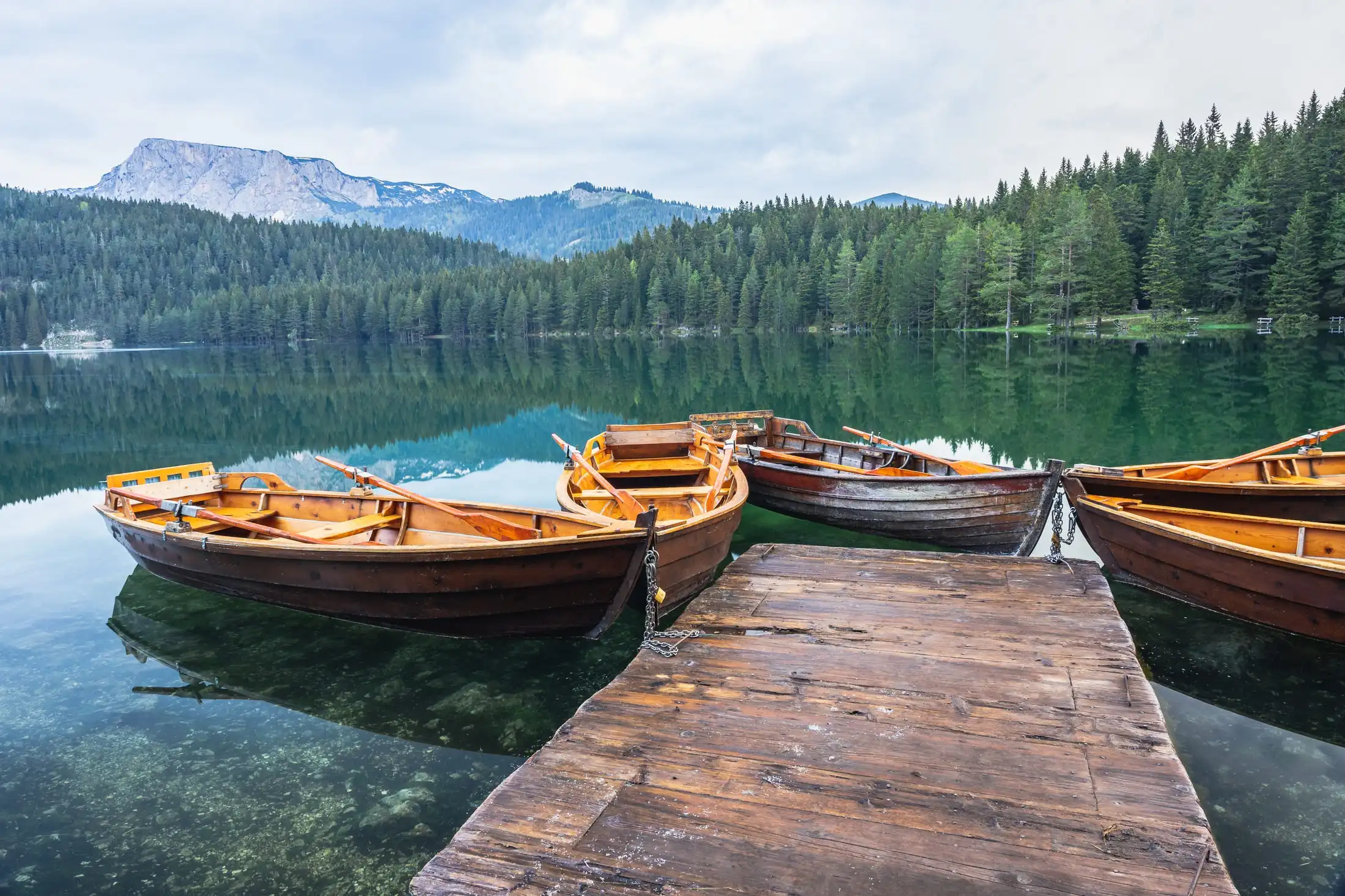 Docked boats in Black Lake on Durmitor