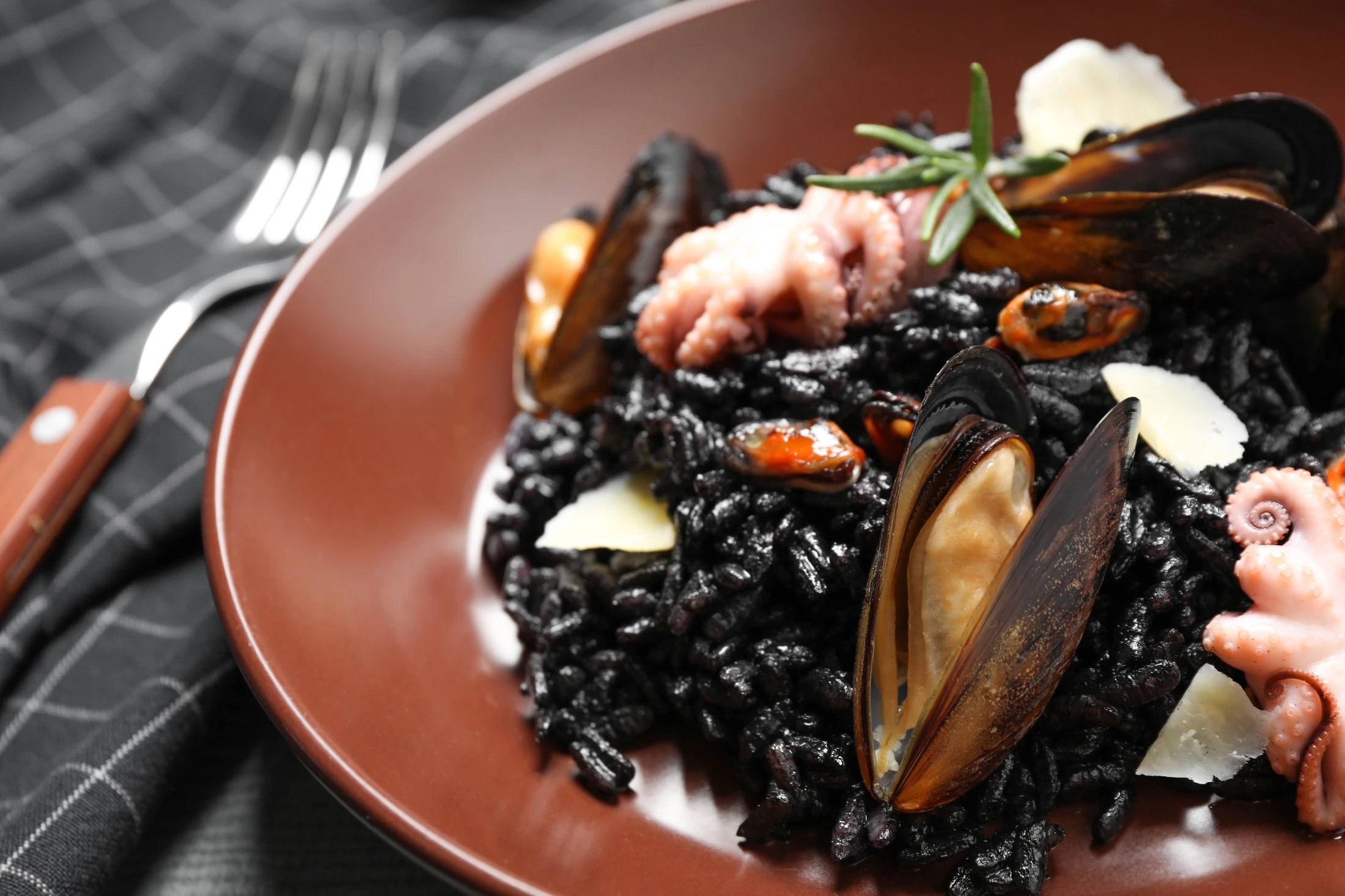 A plate of black risotto with cuttlefish ink, served with seafood.  