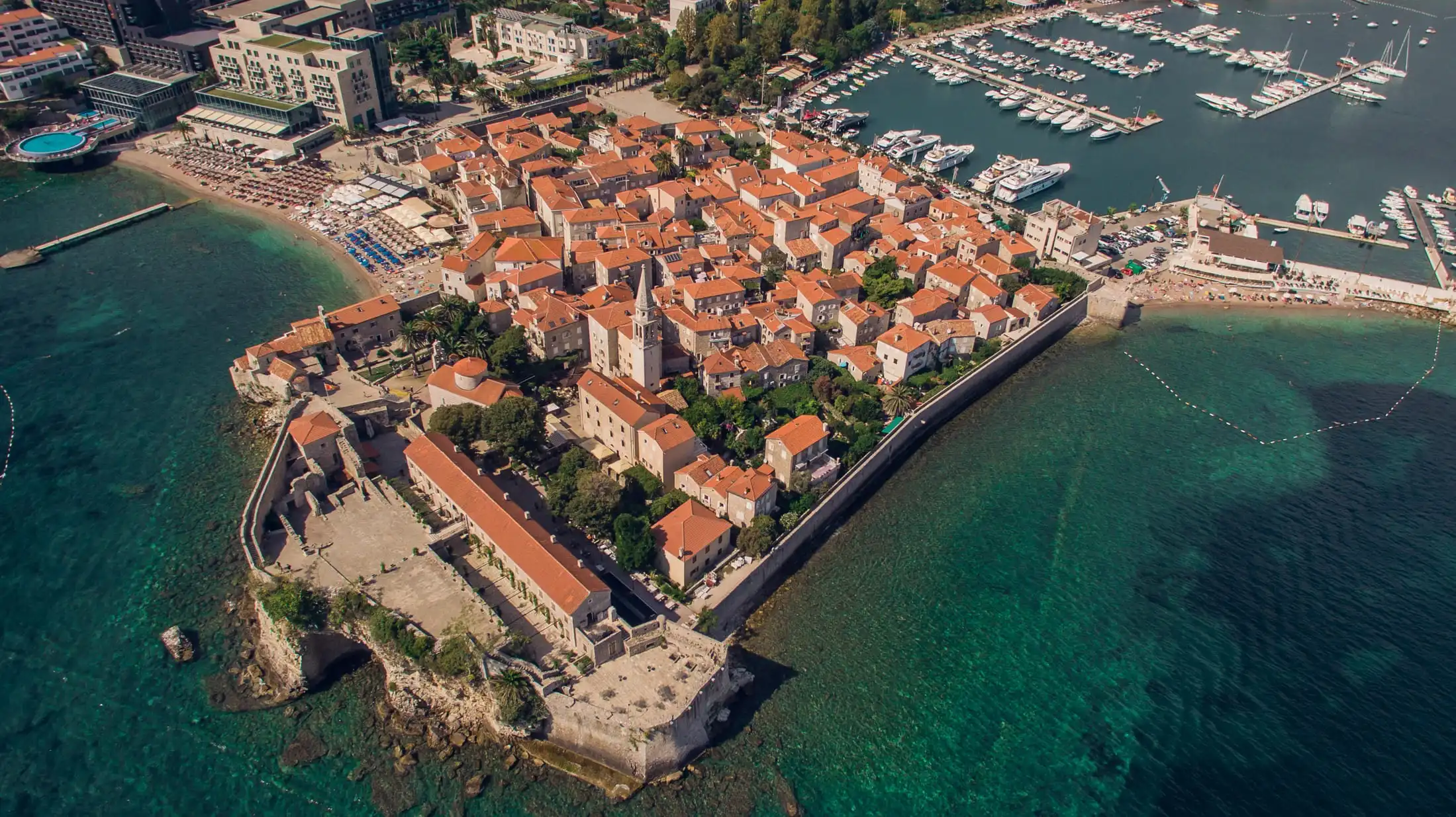 Aerial view of The Old Town in Budva