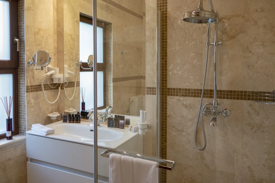 Bathroom with a sink and a walk in shower
