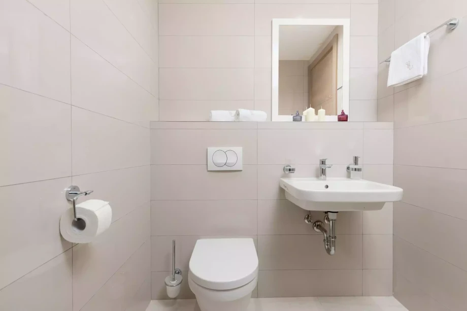 Contemporary bathroom in Villa Piuma blue with pool in Budva