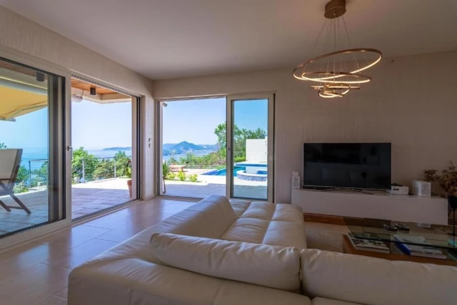 Modernly equipped living room of Endless Blue Villa with pool