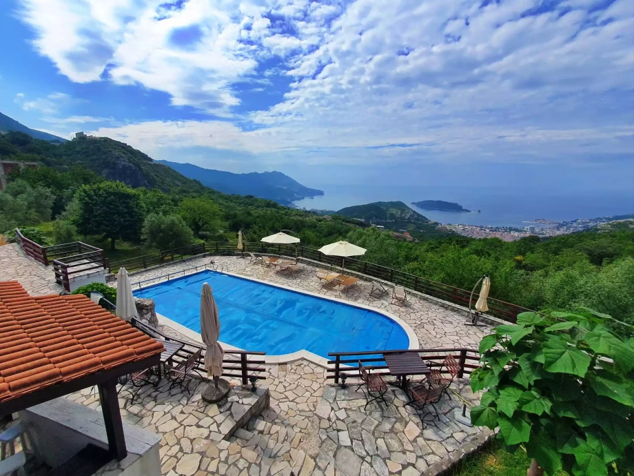 Budva and the surrounding coastline, as seen from the Montenegro Villa Gretel with pool