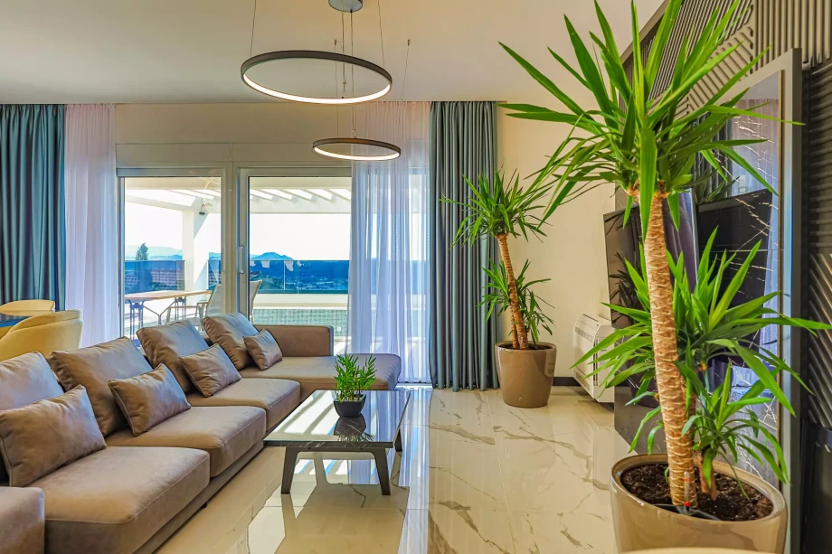 Living room with pool view