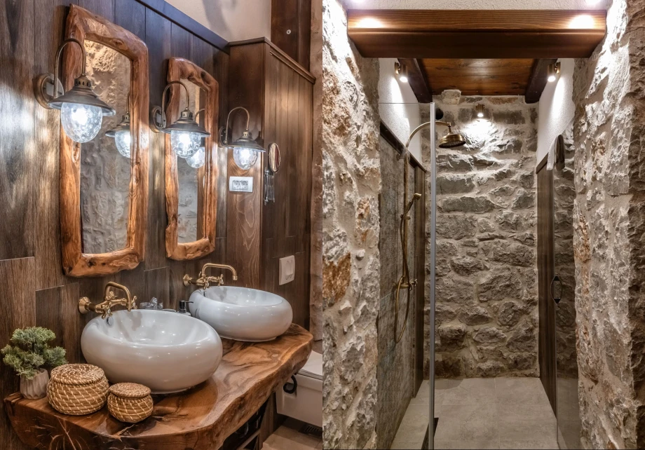 Rustic Wooden and Stone Bathroom Design at Villa Andjelija