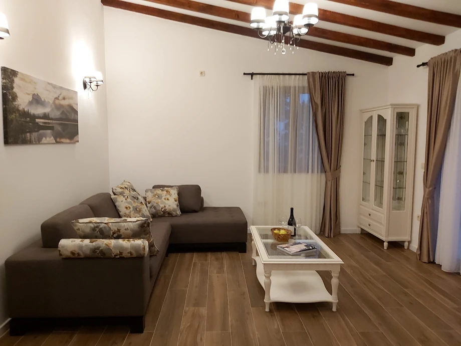 Spacious living room with modern decor in the villa