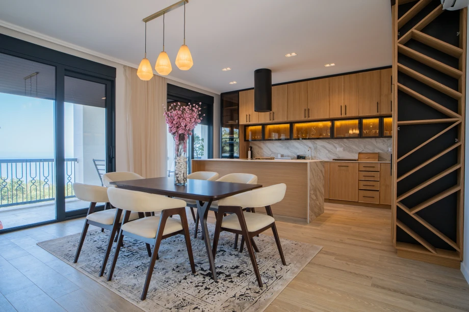 Elegant Dining Room with Sophisticated Table Setting and Ambient Lighting