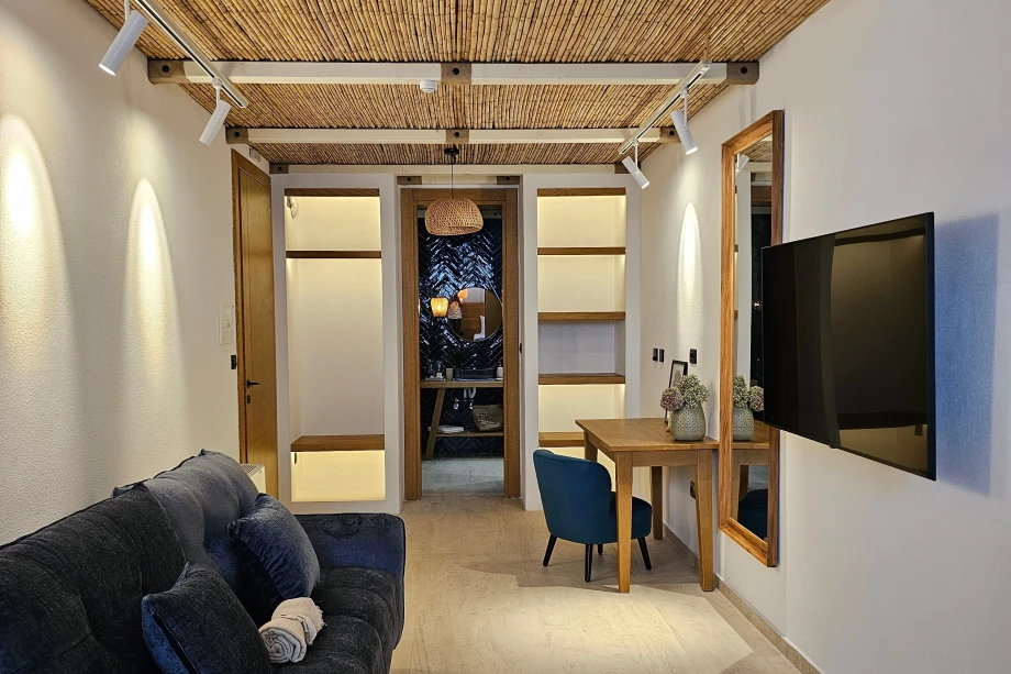 Inviting Living Room with Stone Walls and Comfortable Seating in Montenegro Villa