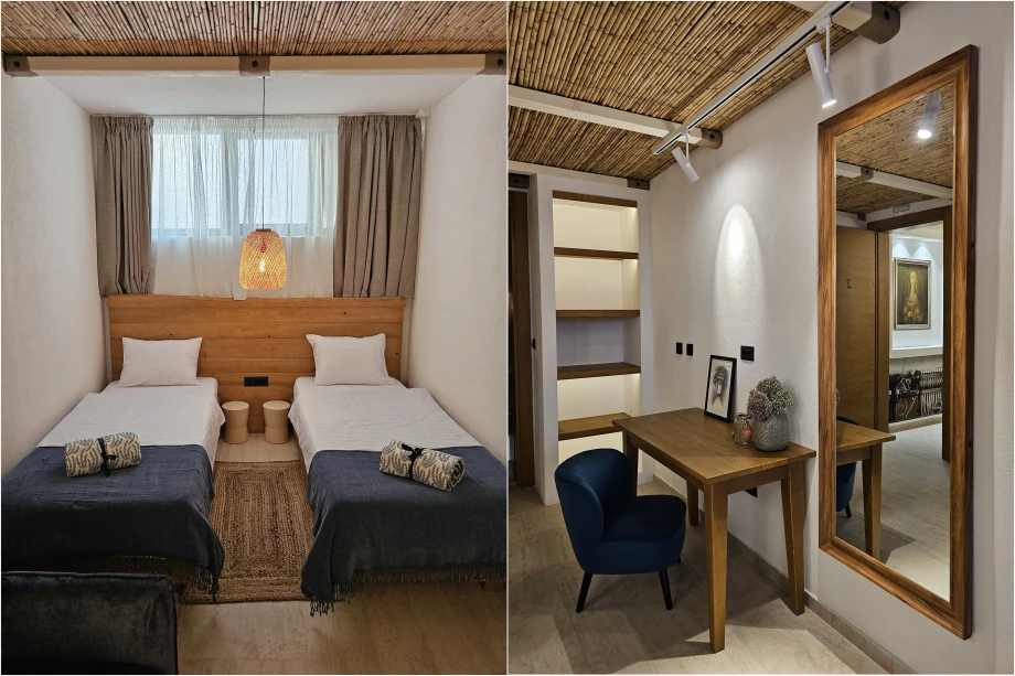 Charming Guest Room with Twin Beds and Stone Wall Accents in Montenegro Villa