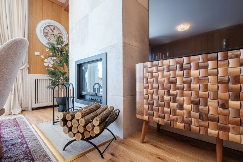 Cozy Living Room with Central Fireplace and Panoramic Views in Montenegro Villa