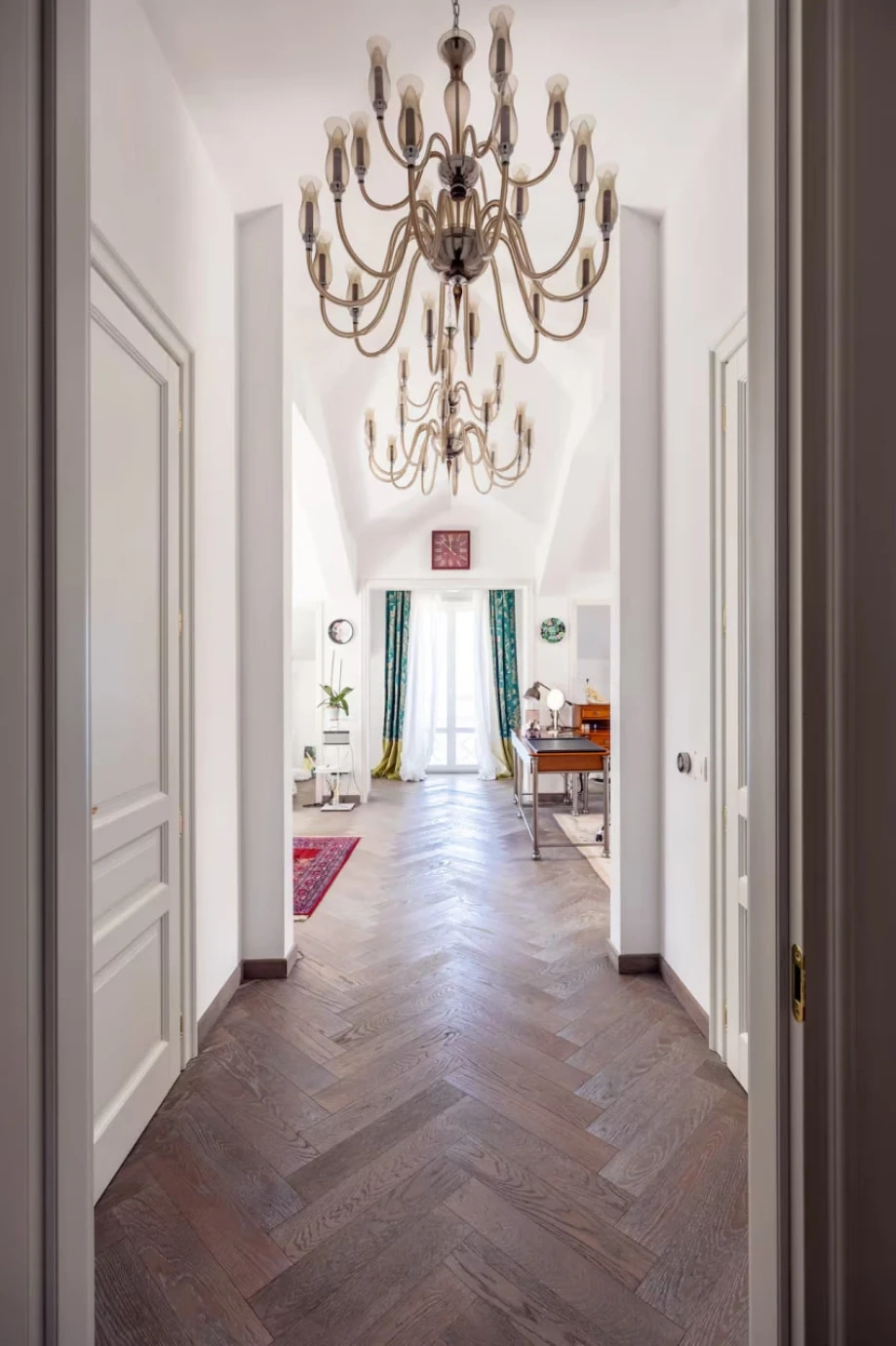 Villa Corridor with Elegant Stone Arches and Ambient Lighting