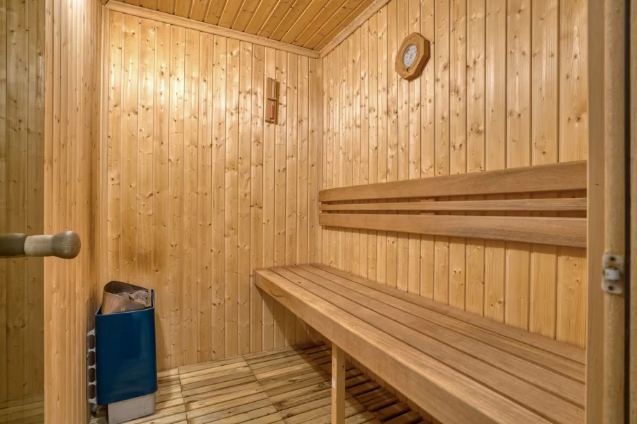Private wooden sauna wellness room at Villa Riviera Privata