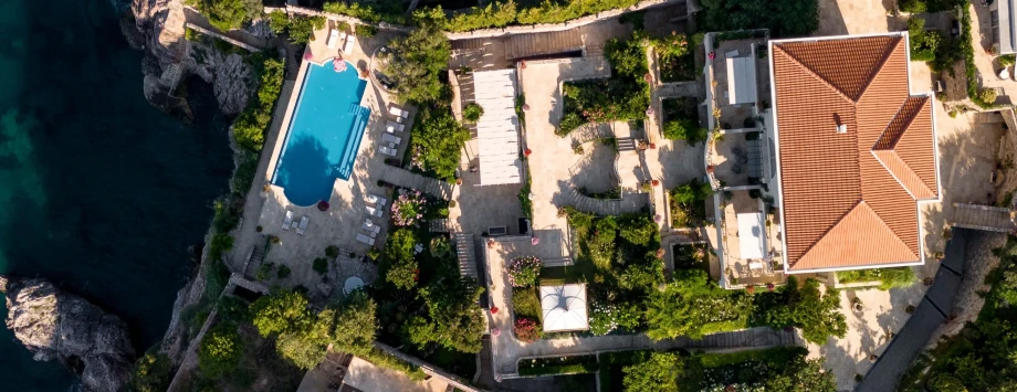 Aerial sky view of Villa Cliffside Royal Estate and coastline