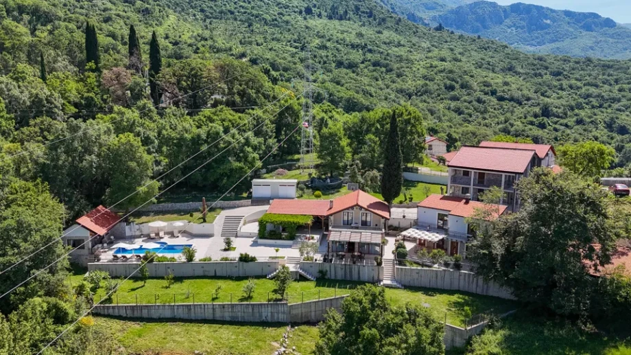 Aerial Sky View of Villa Gardenia 1 and Surrounding Green Hills