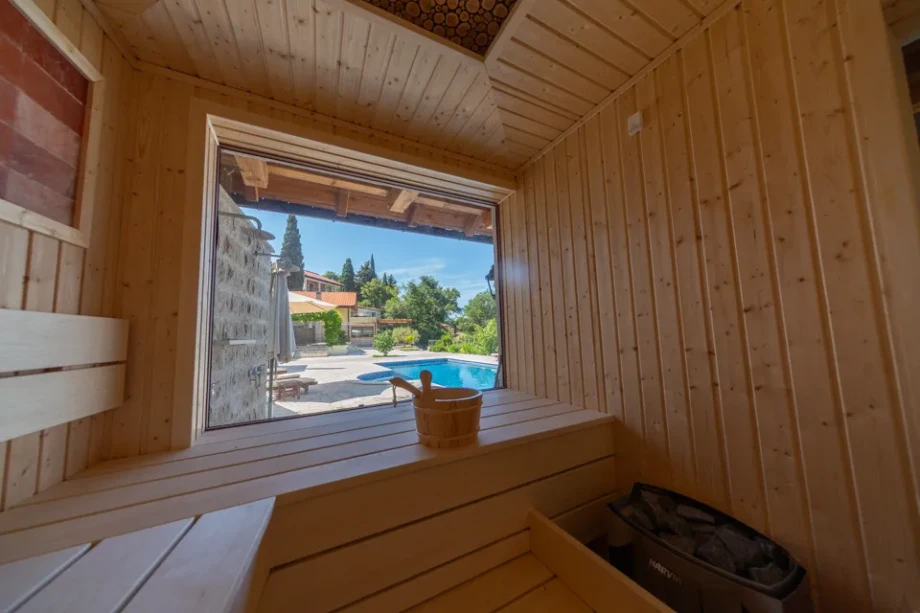 Sauna Details with Wooden Finishes at Villa Gardenia 1