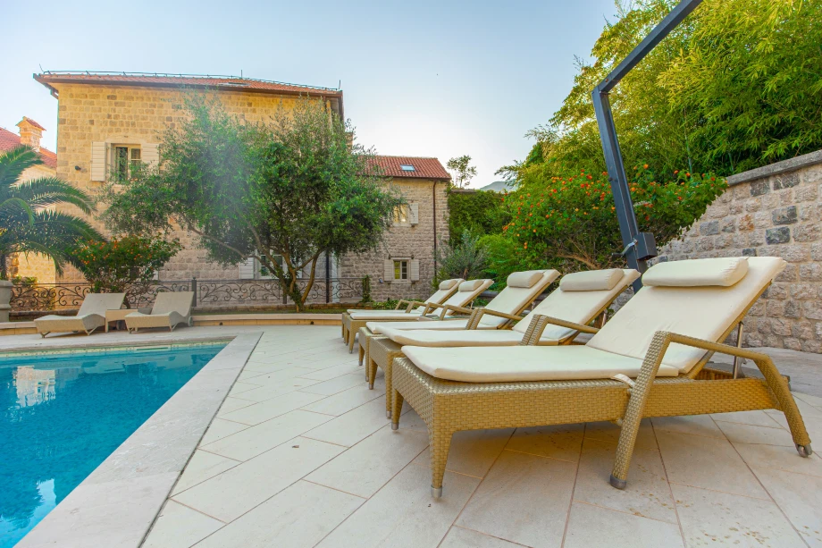 Sun Loungers by the Pool | Stone House Seafront Villa